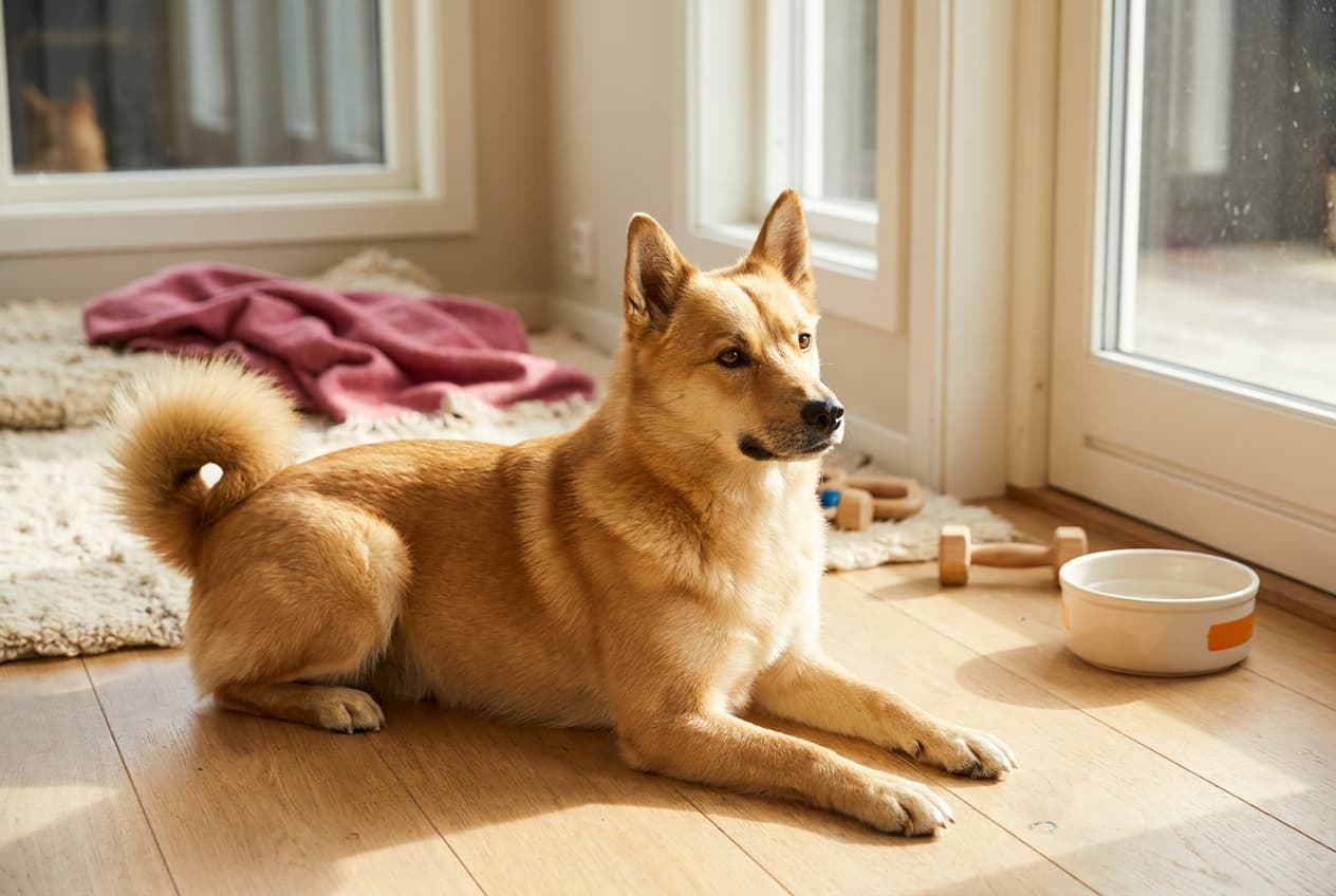 A Norwegian Buhund relaxing at home