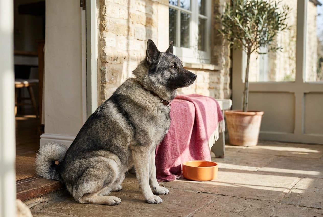 A Norwegian Elkhound relaxing at home