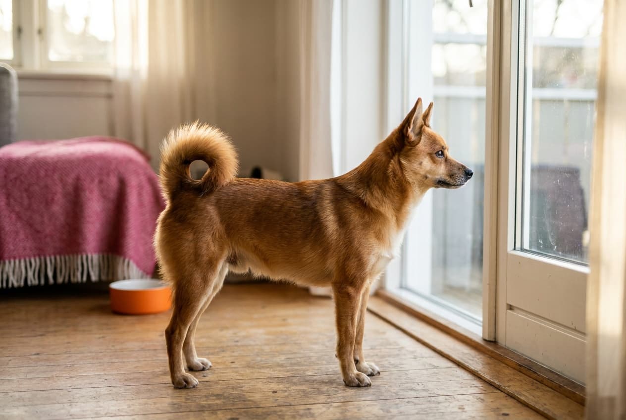 A Norwegian Lundehund relaxing at home