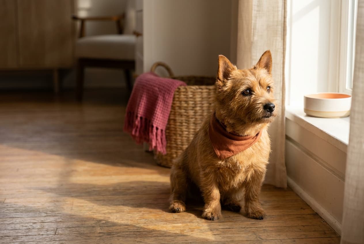 A Norwich Terrier relaxing at home