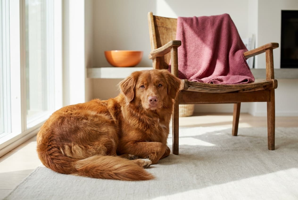 A Nova Scotia Duck Tolling Retriever relaxing at home