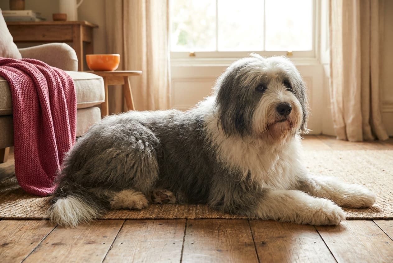 A Old English Sheepdog relaxing at home