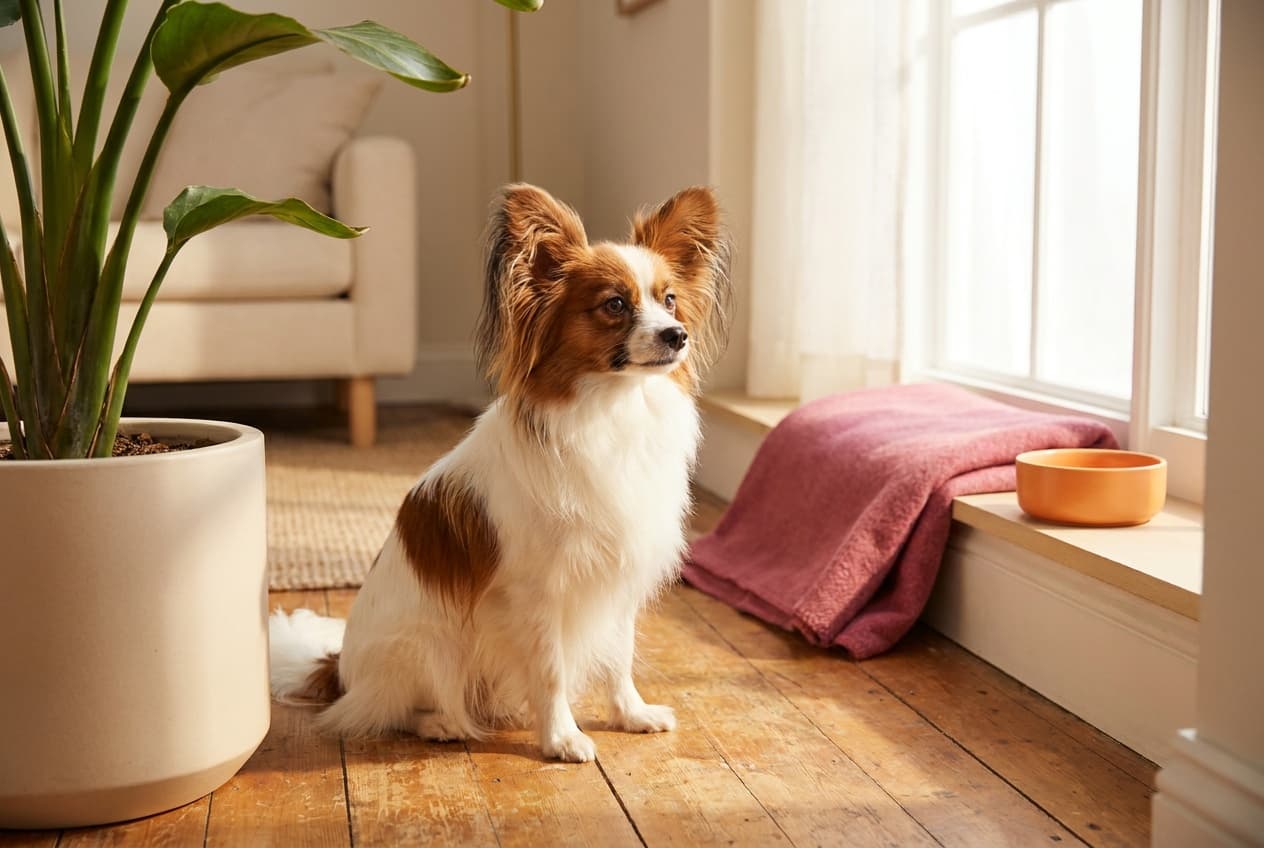 A Papillon relaxing at home