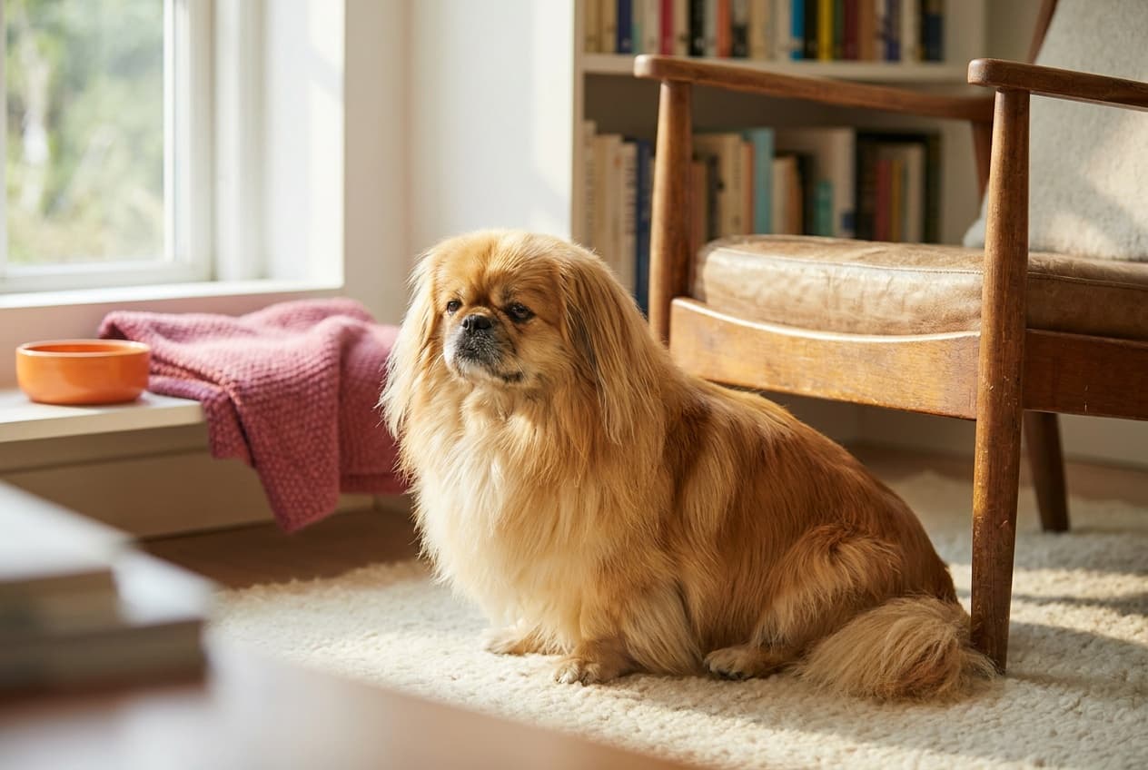 A Pekingese relaxing at home