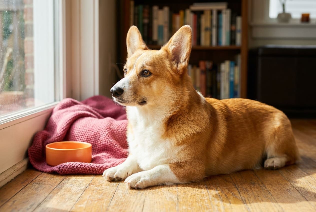 A Pembroke Welsh Corgi relaxing at home