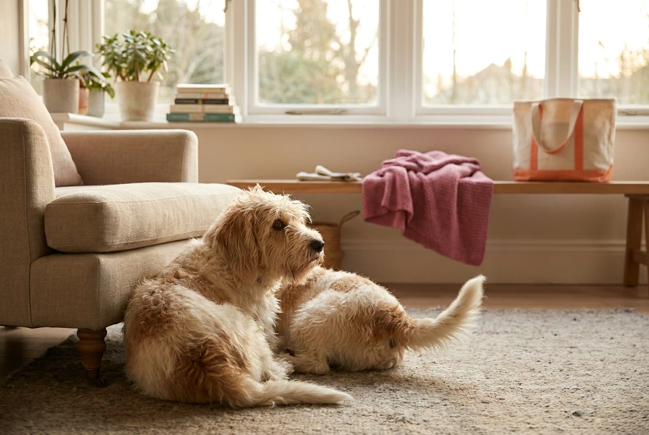 A Petit Basset Griffon Vendéen relaxing at home