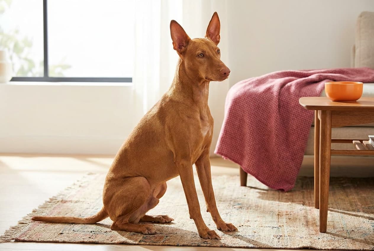 A Pharaoh Hound relaxing at home