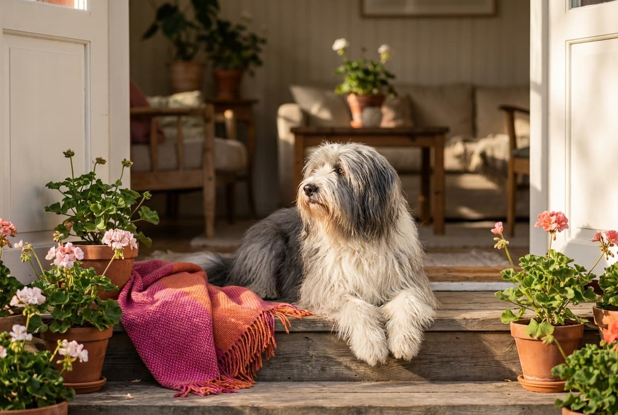 A Polish Lowland Sheepdog relaxing at home