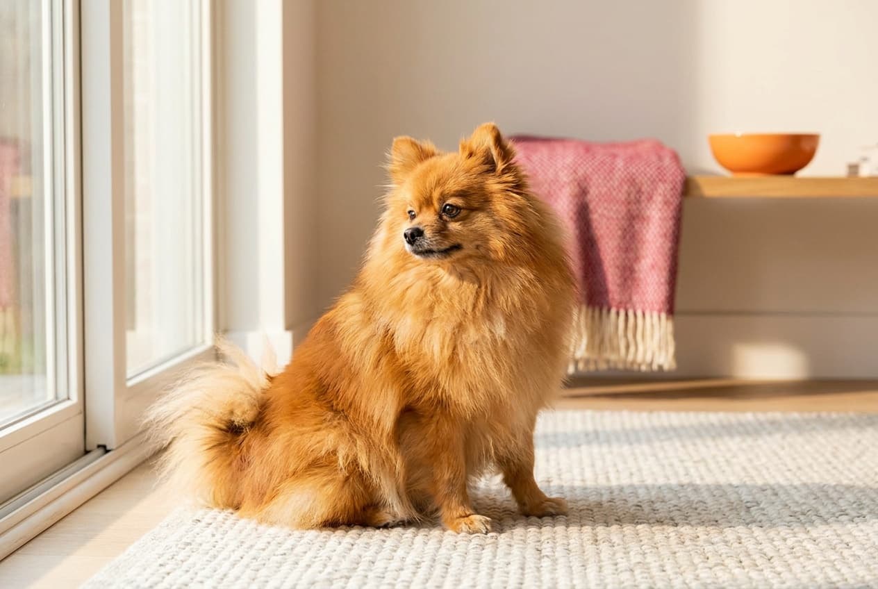 A Pomeranian relaxing at home