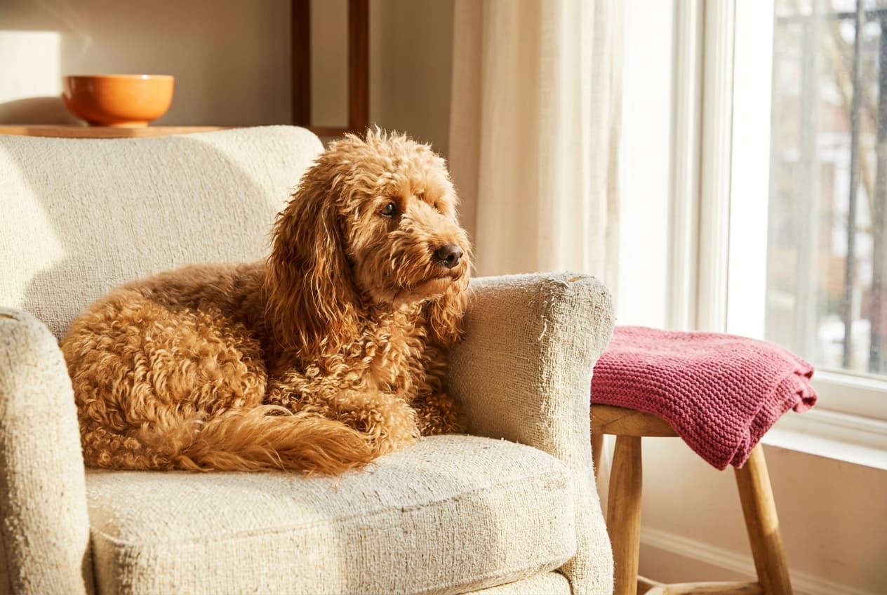 A Poodle (Miniature) relaxing at home