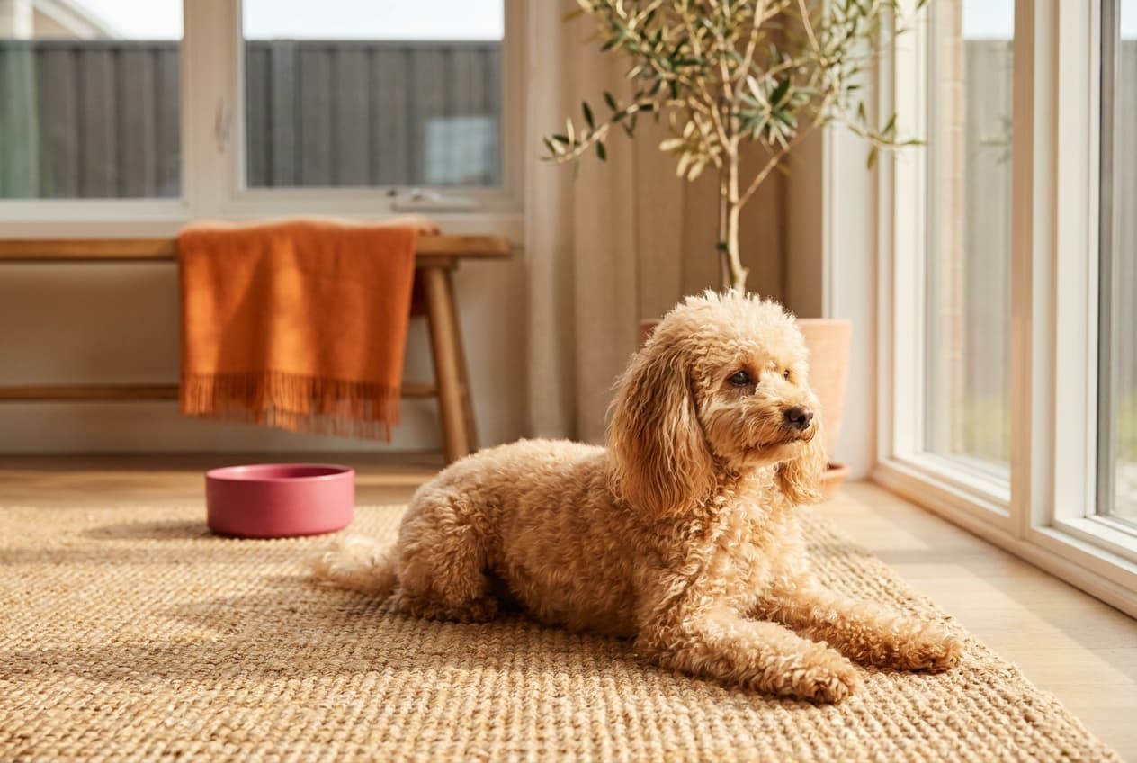 A Poodle (Toy) relaxing at home