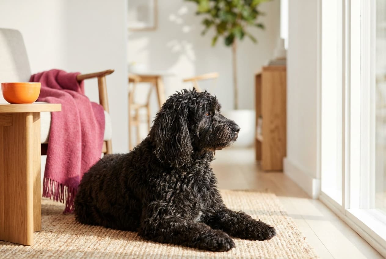 A Portuguese Water Dog relaxing at home