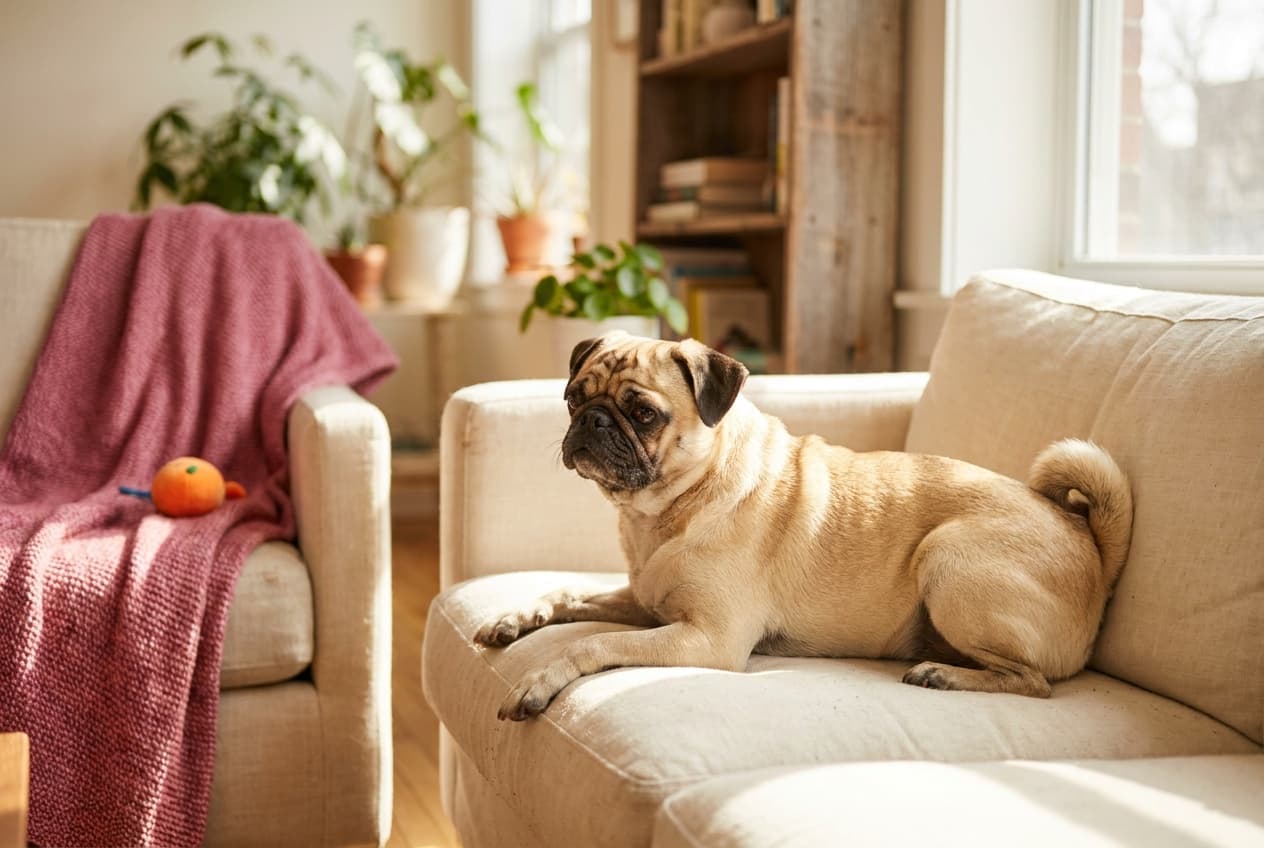 A Pug relaxing at home