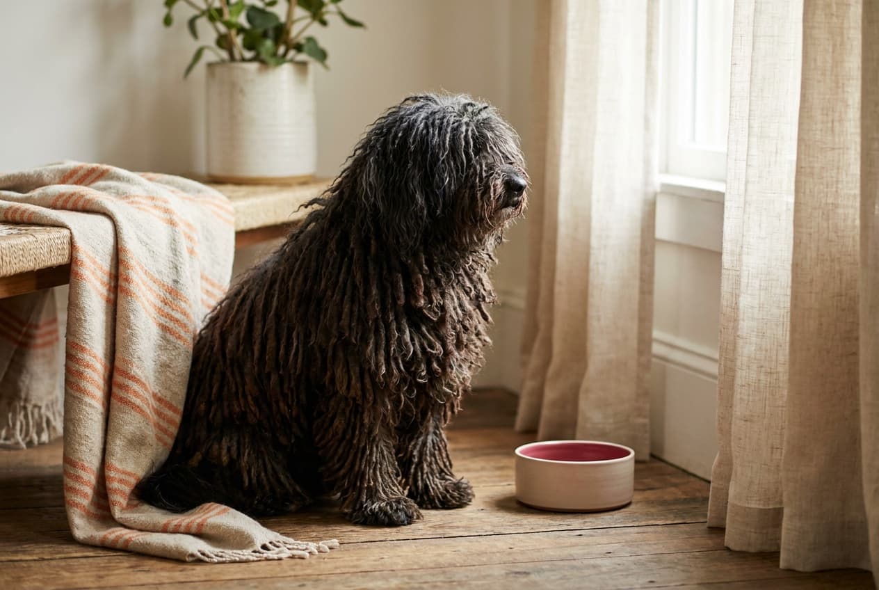 A Puli relaxing at home