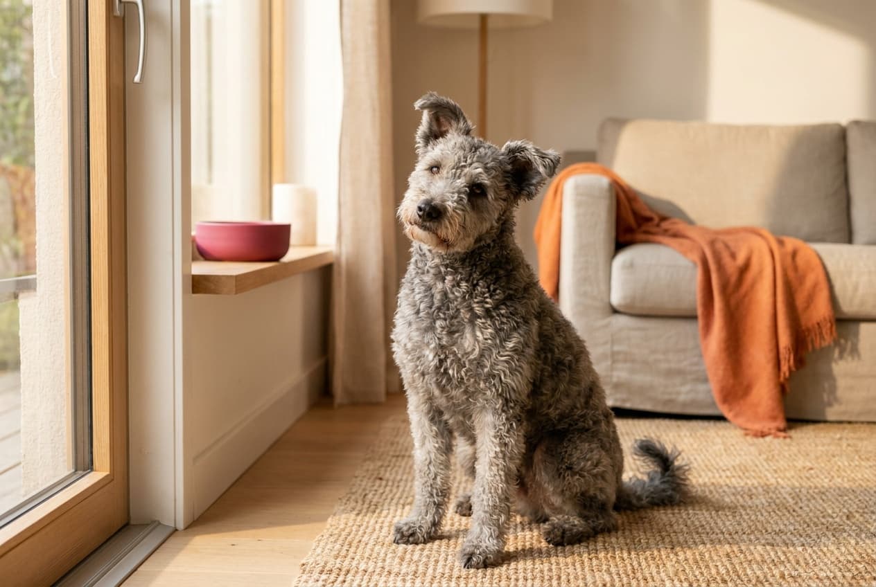 A Pumi relaxing at home