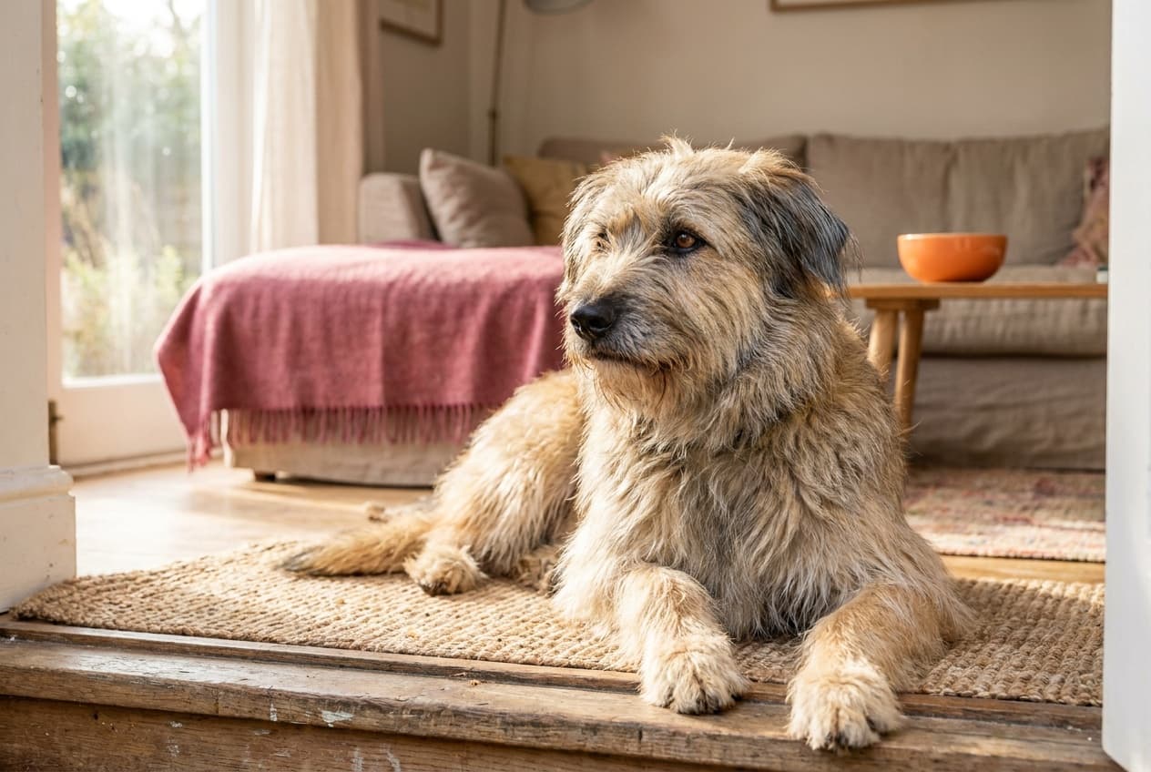 A Pyrenean Shepherd relaxing at home