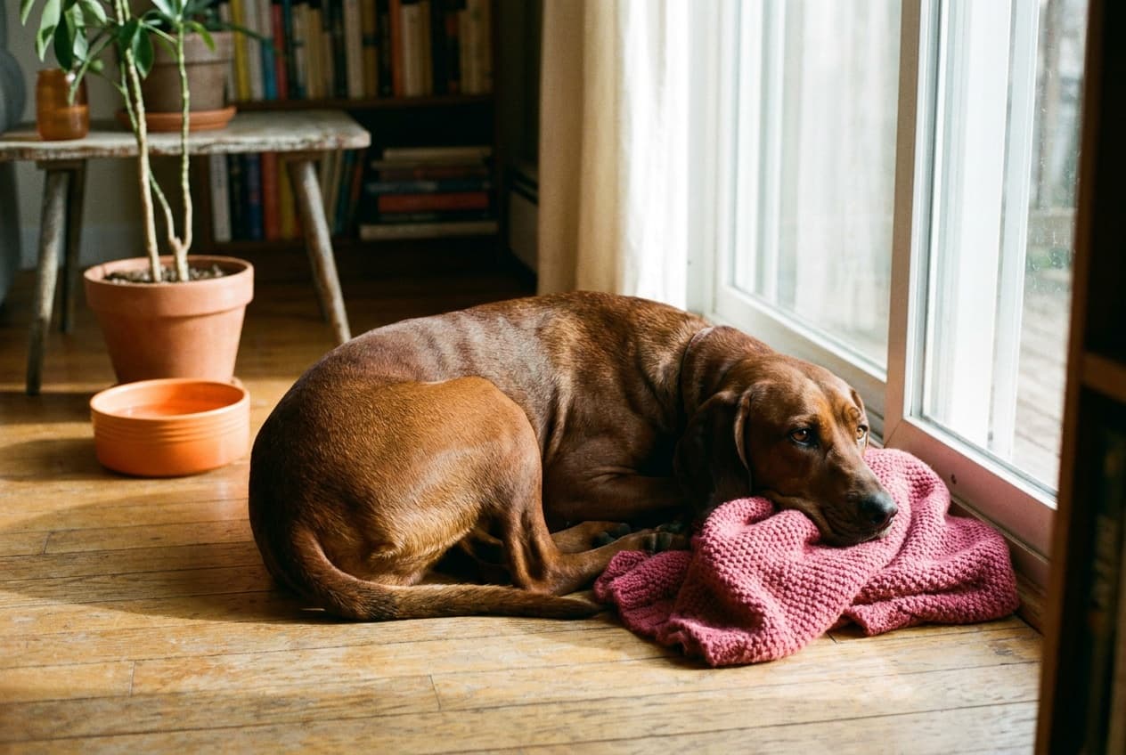 A Redbone Coonhound relaxing at home
