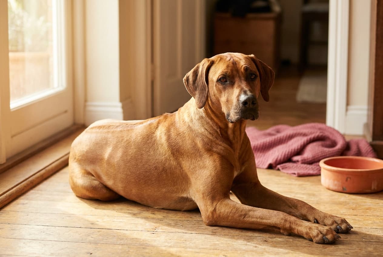 A Rhodesian Ridgeback relaxing at home