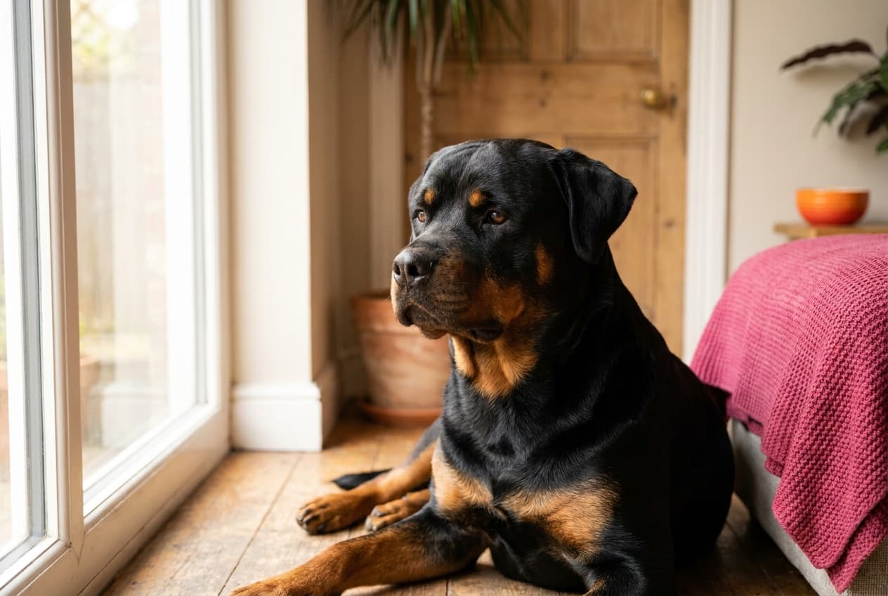 A Rottweiler relaxing at home