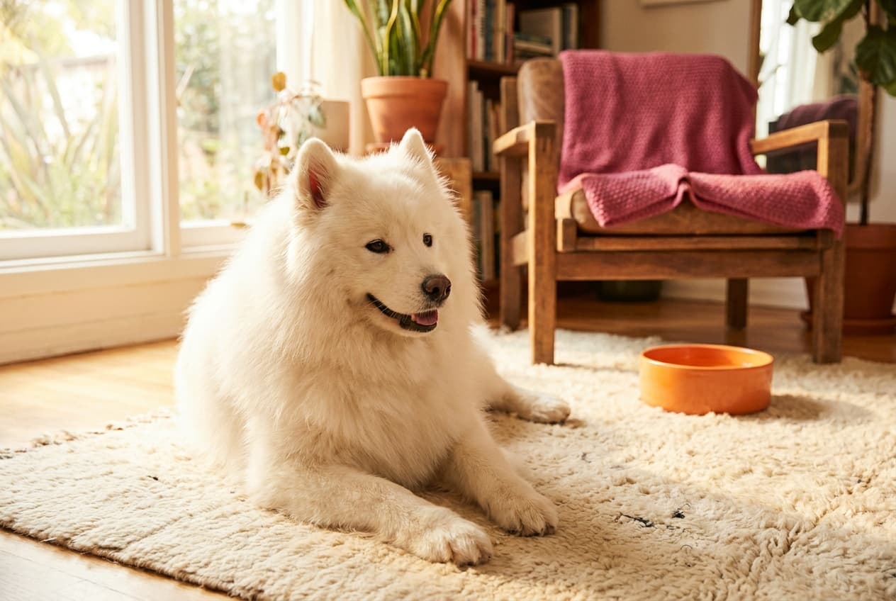 A Samoyed relaxing at home