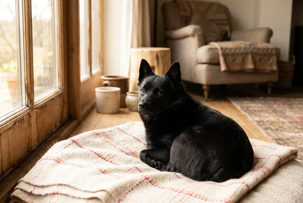 A Schipperke relaxing at home