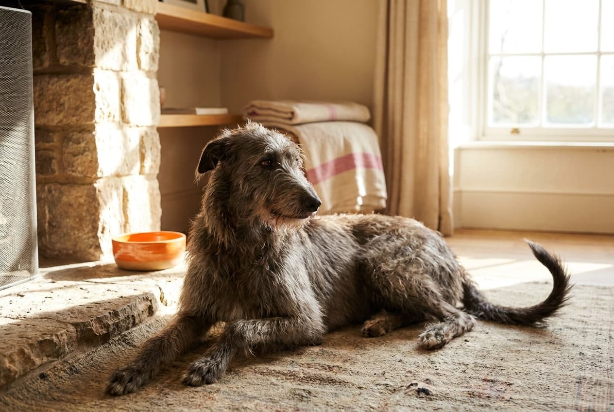 A Scottish Deerhound relaxing at home