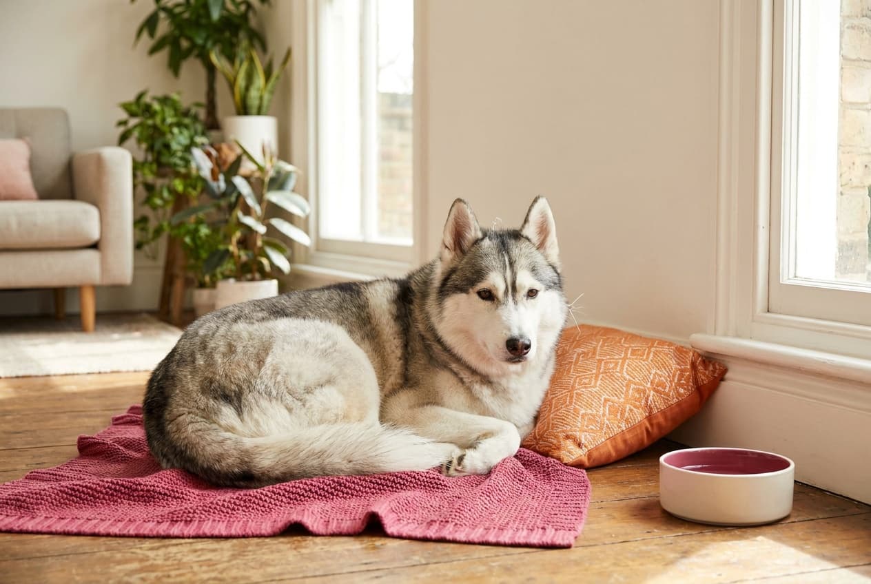 A Siberian Husky relaxing at home