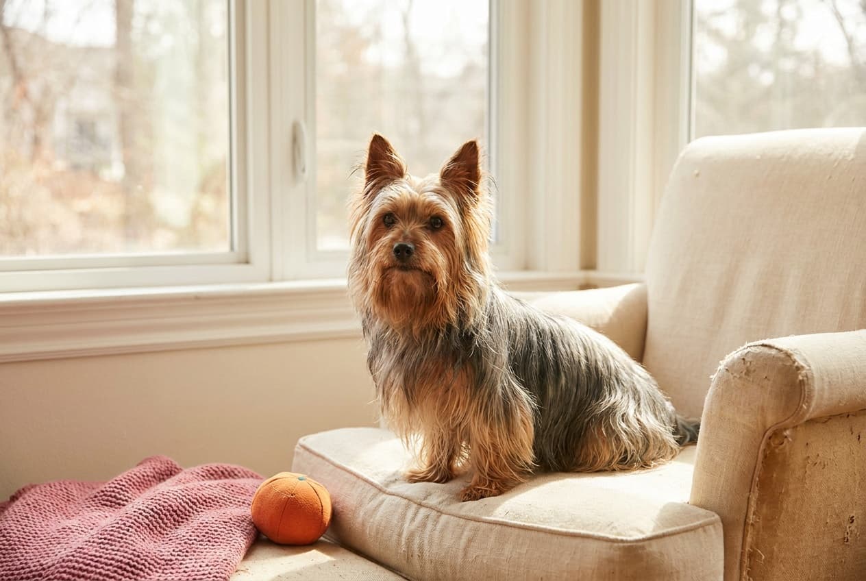 A Silky Terrier relaxing at home