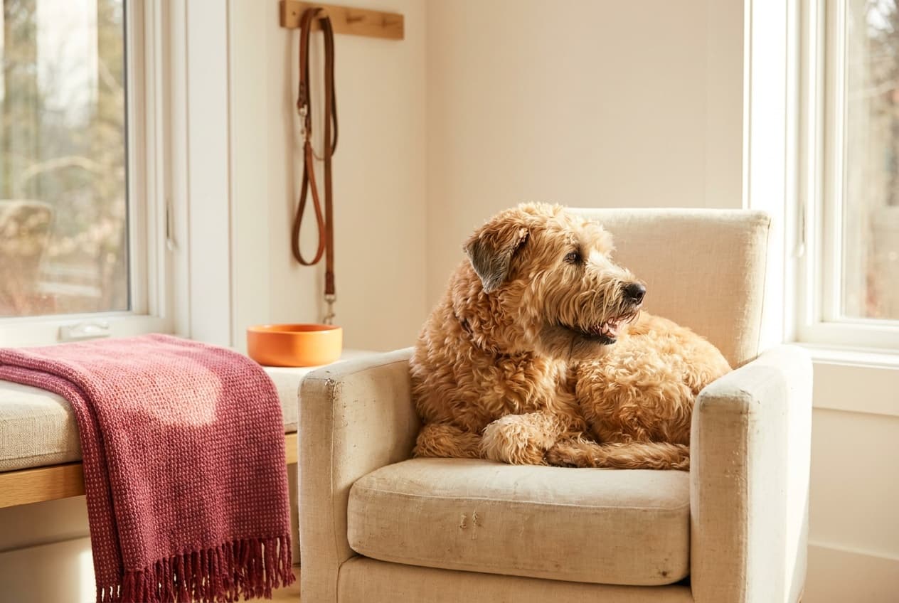 A Soft Coated Wheaten Terrier relaxing at home