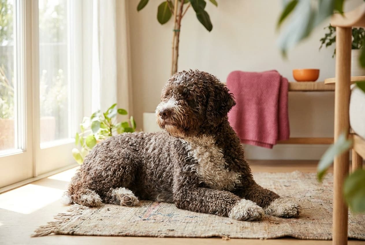 A Spanish Water Dog relaxing at home