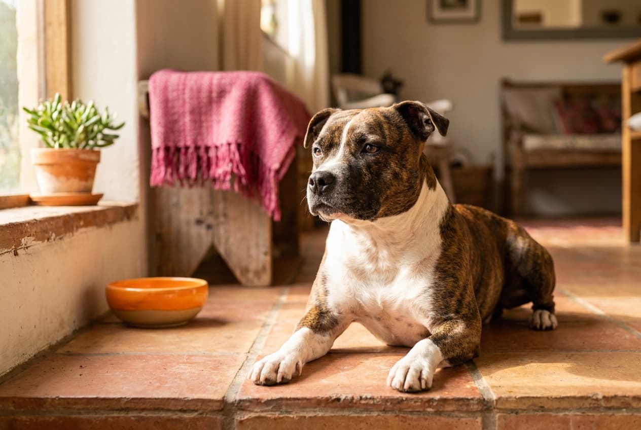 A Staffordshire Bull Terrier relaxing at home
