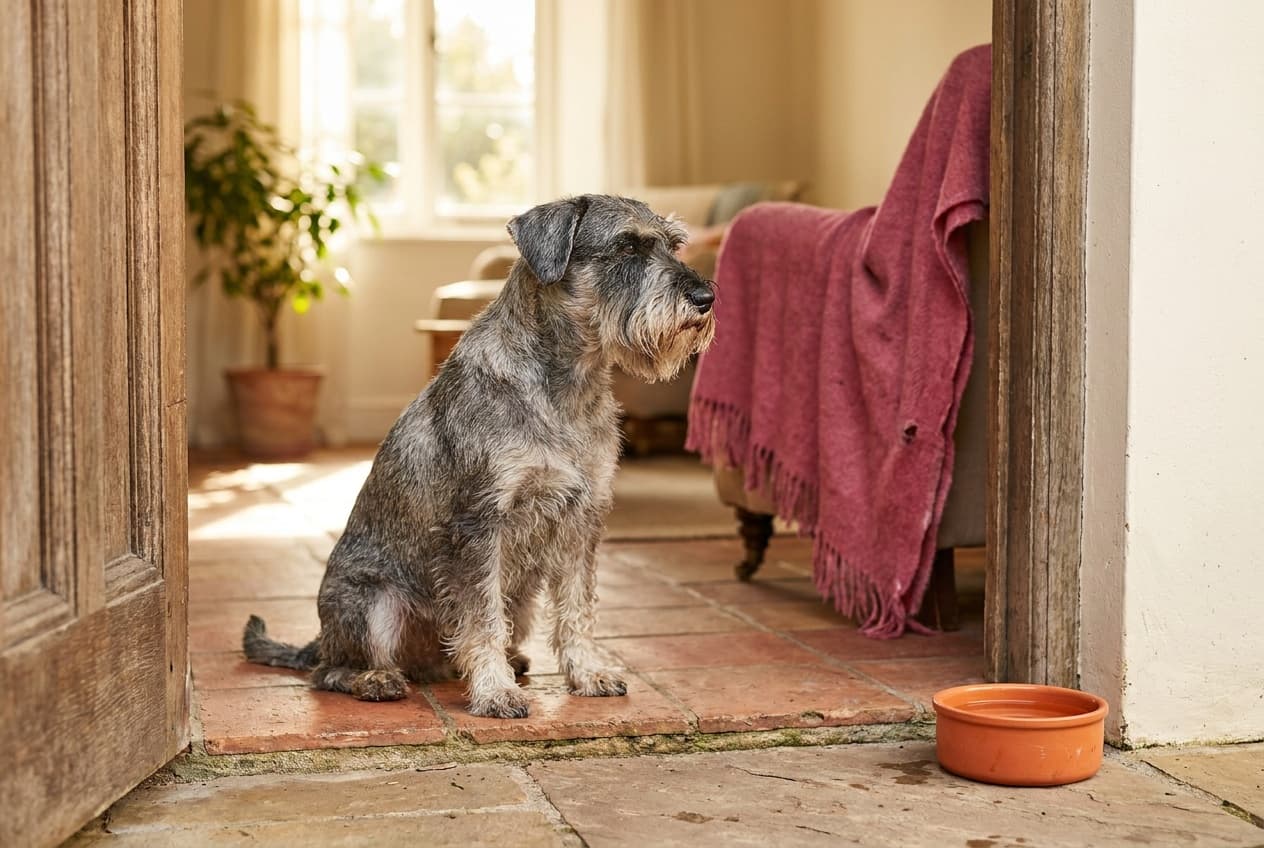 A Standard Schnauzer relaxing at home