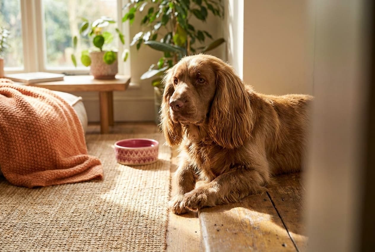 A Sussex Spaniel relaxing at home
