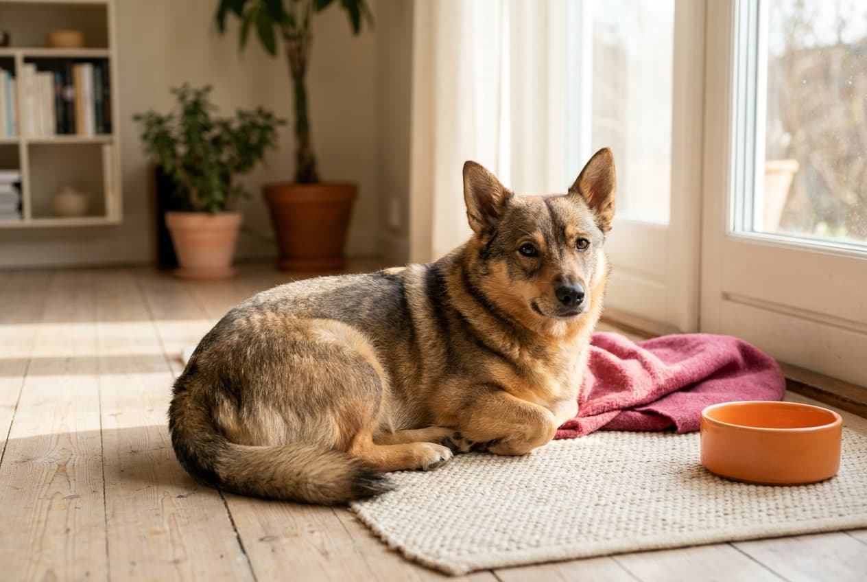 A Swedish Vallhund relaxing at home
