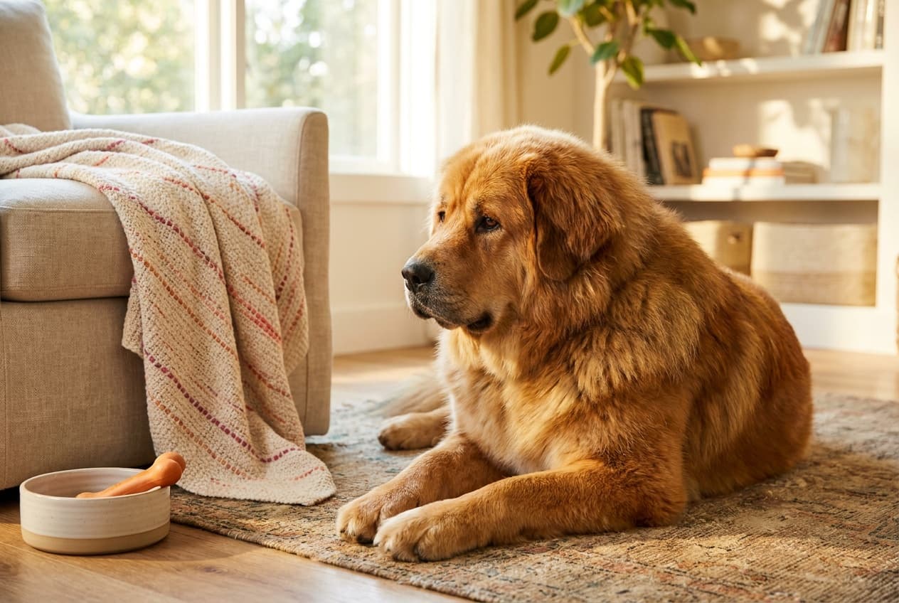 A Tibetan Mastiff relaxing at home