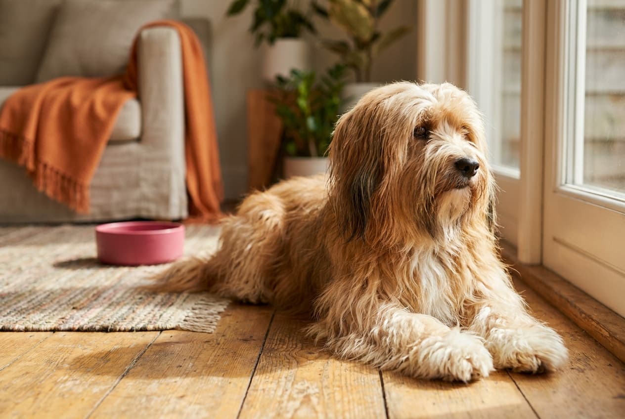 A Tibetan Terrier relaxing at home