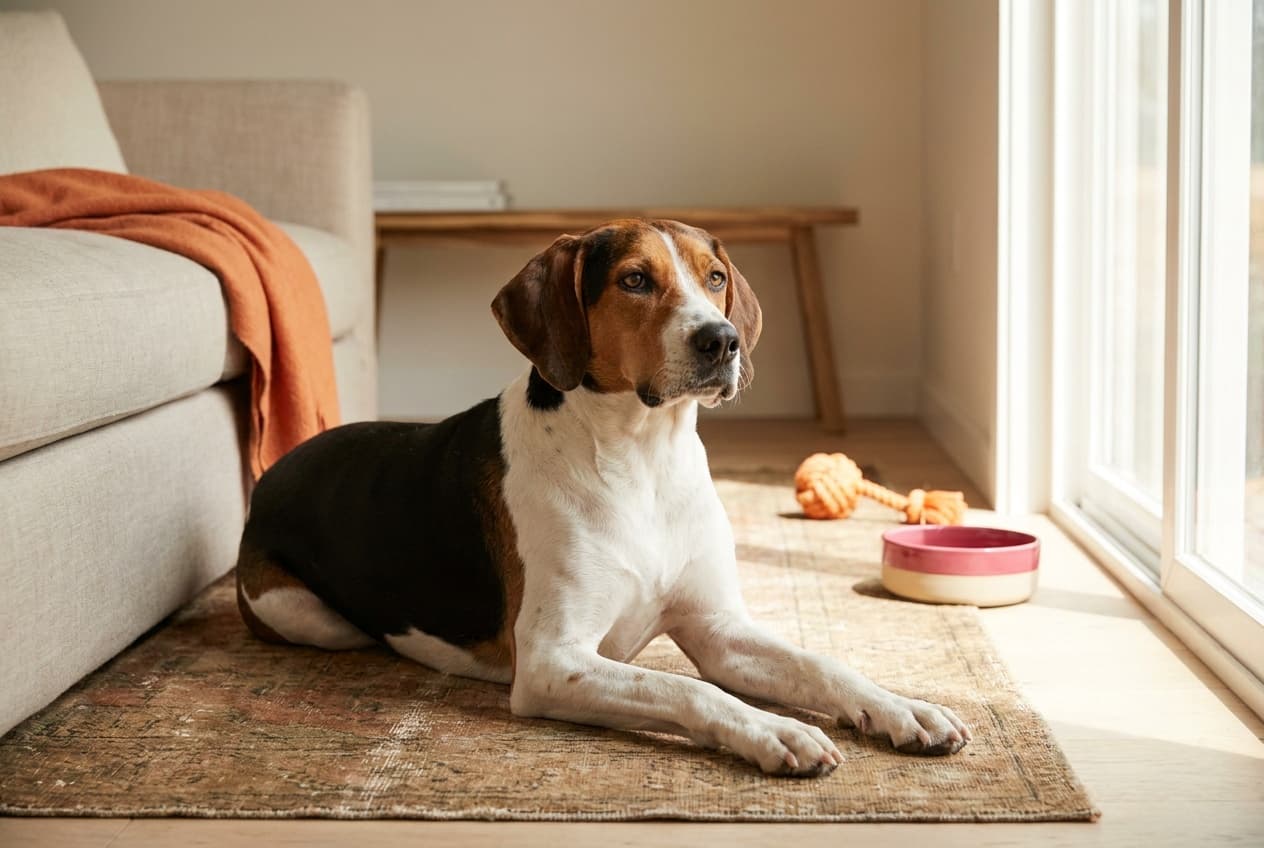 A Treeing Walker Coonhound relaxing at home