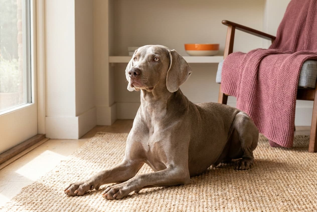 A Weimaraner relaxing at home