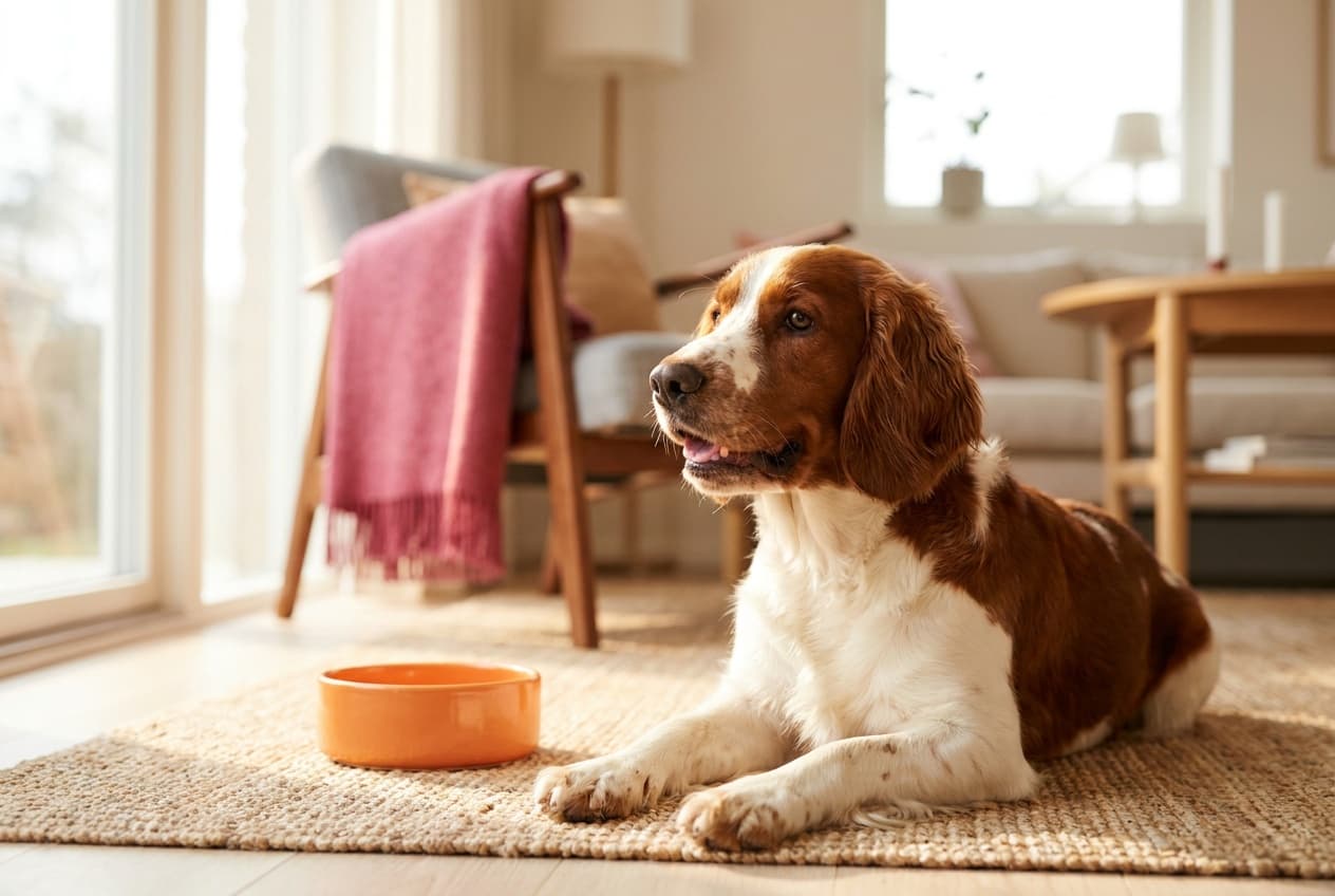 A Welsh Springer Spaniel relaxing at home