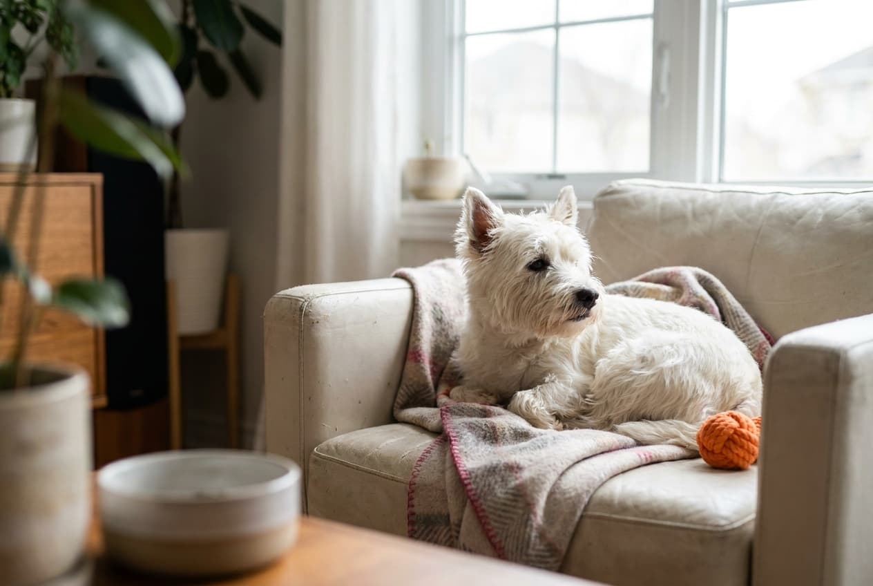 A West Highland White Terrier relaxing at home