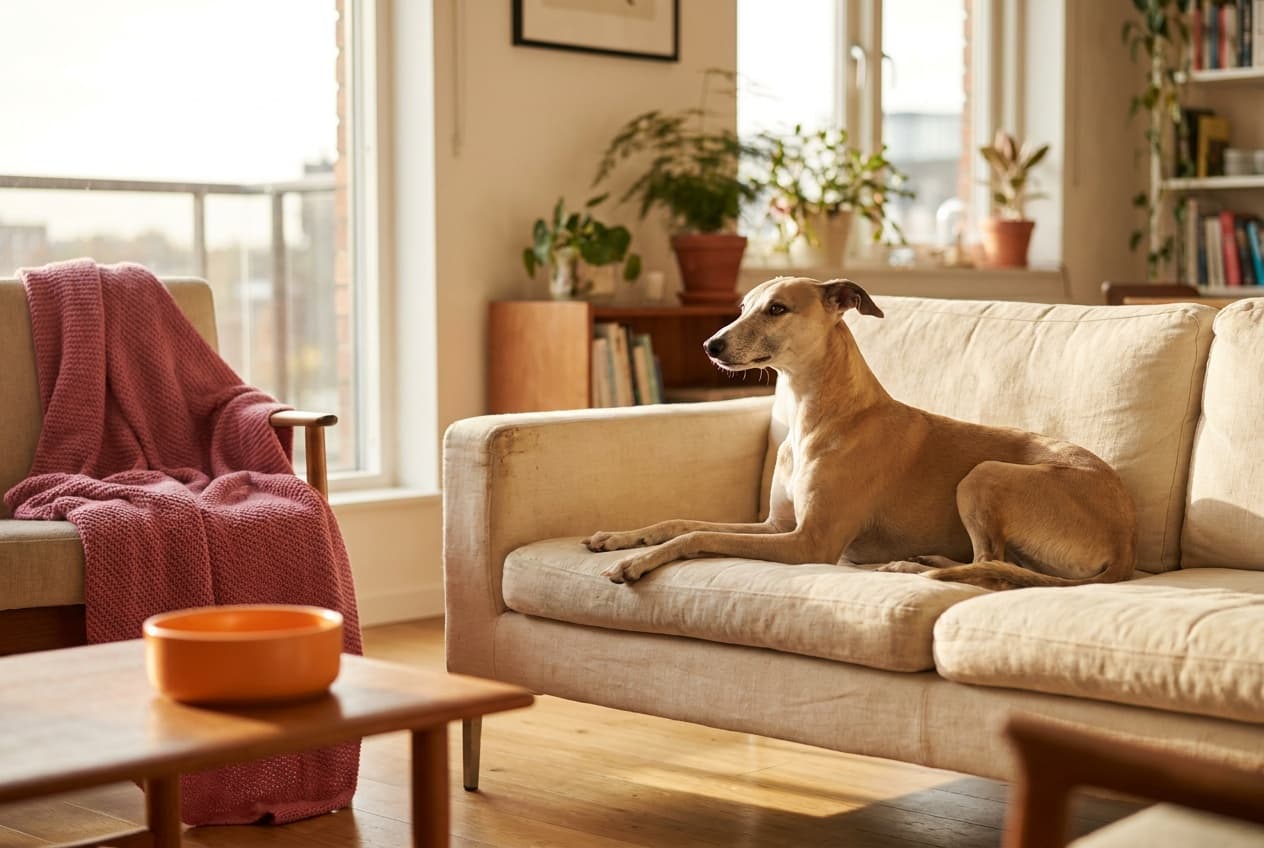 A Whippet relaxing at home