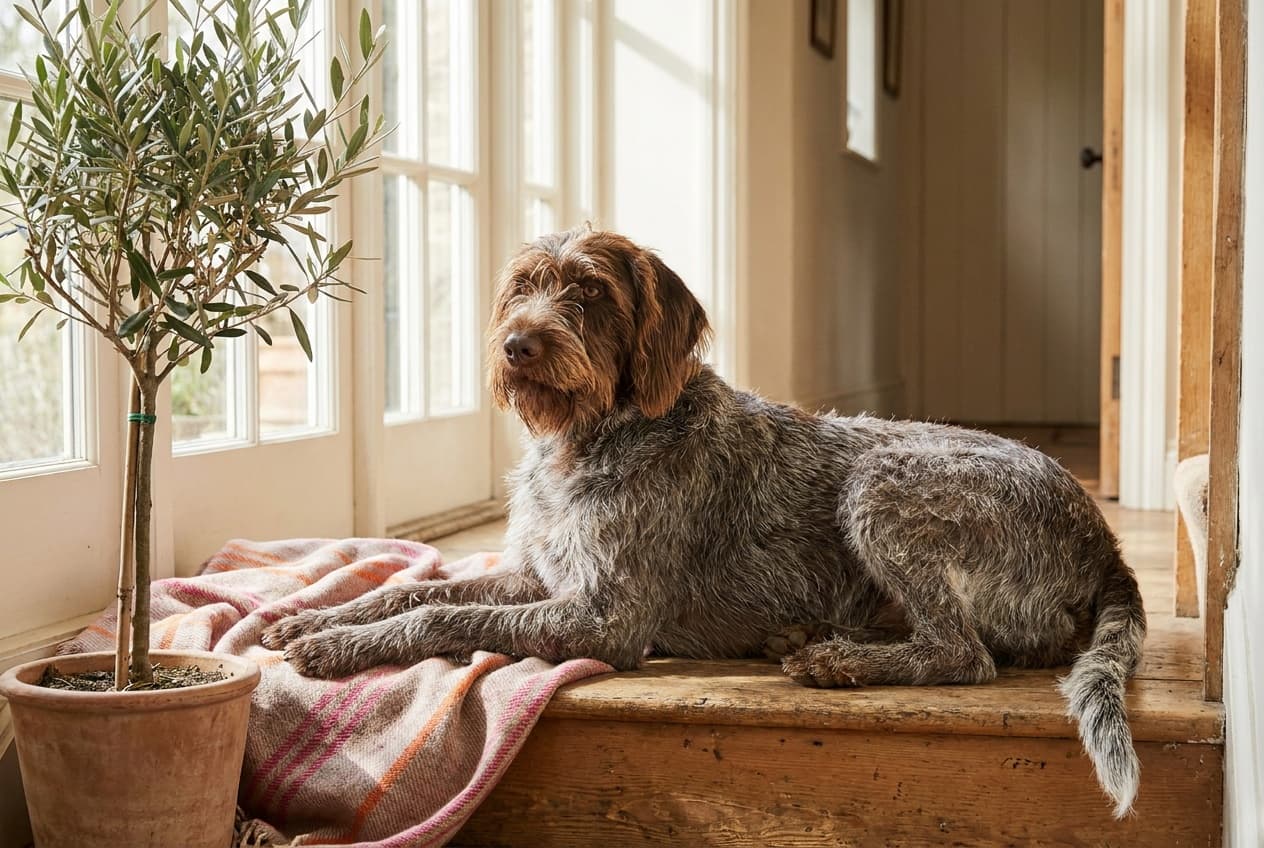 A Wirehaired Pointing Griffon relaxing at home