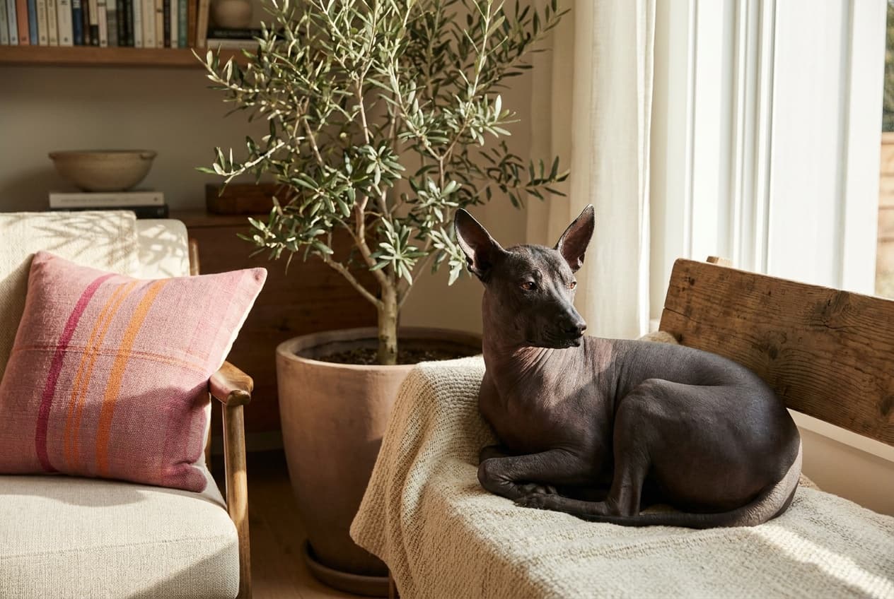 A Xoloitzcuintli relaxing at home