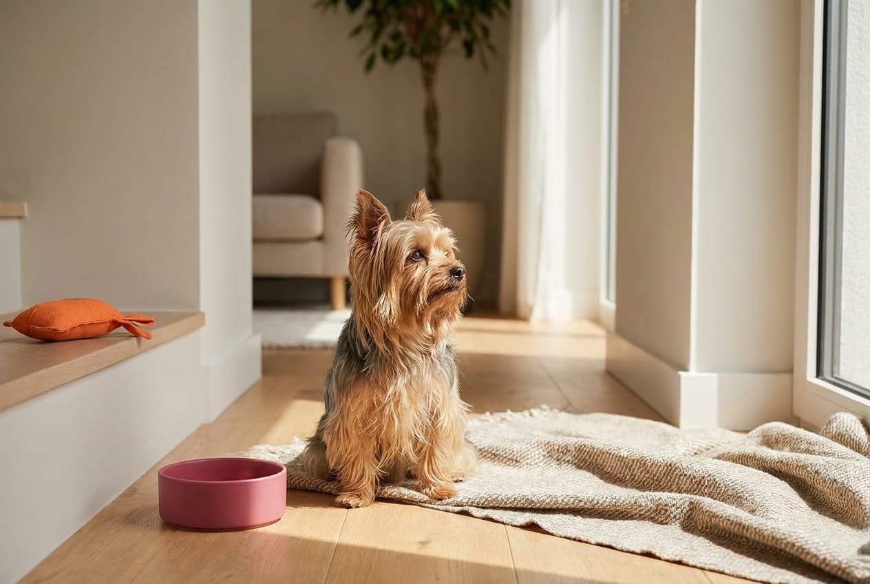 A Yorkshire Terrier relaxing at home