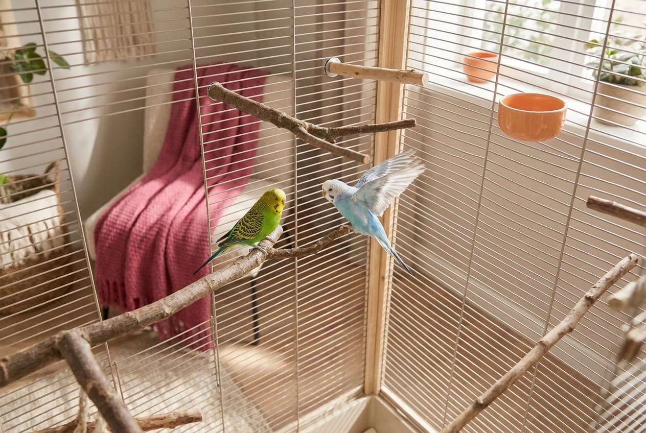 Two budgies in a wide bright flight cage with natural perches of varied thickness, one mid-flight between landing points