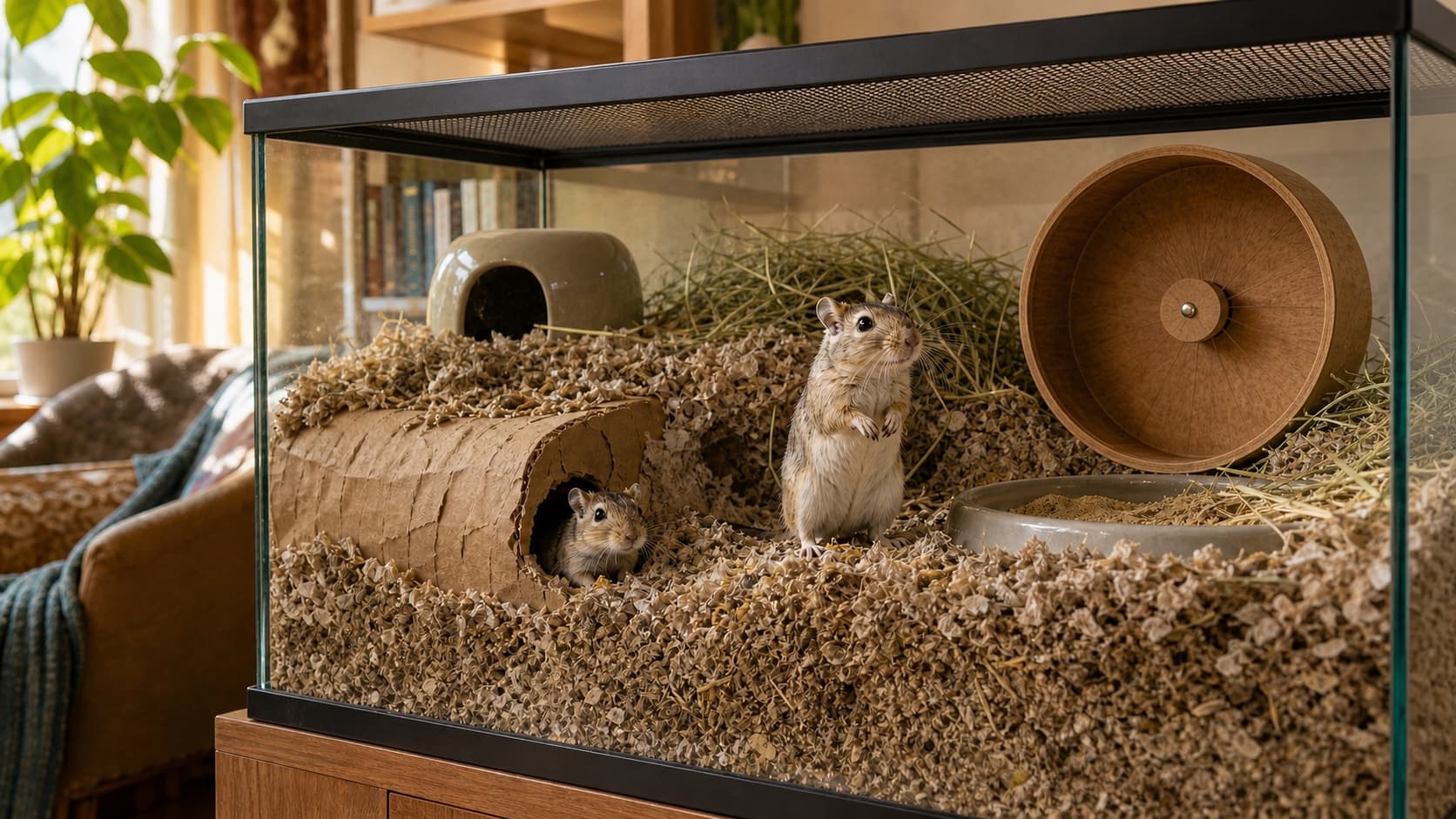 Two gerbils in a deep-bedded glass gerbilarium with a complete wheel below the mesh lid