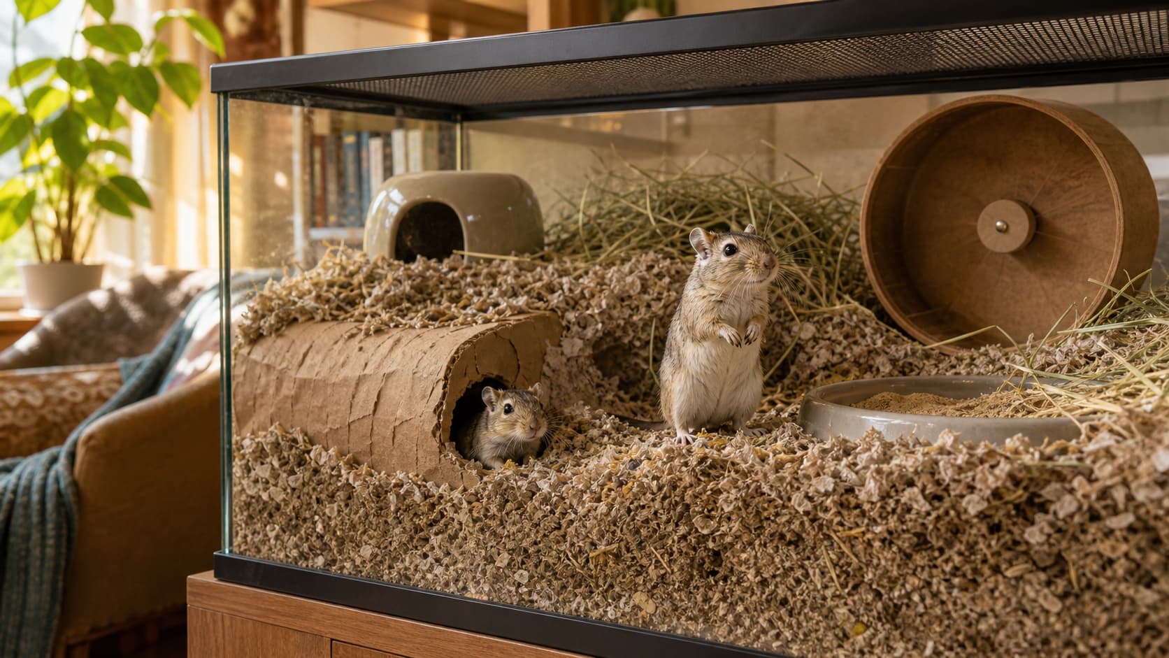 Two gerbils in a secure glass gerbilarium with deep bedding, tunnels, a wheel, and a sand bath