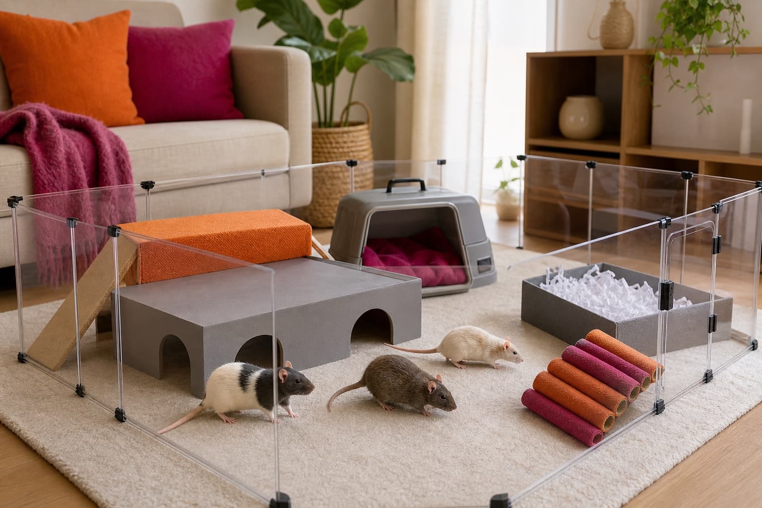 Three pet rats exploring a secure supervised play area with low platforms, tunnels, a digging box, and an open carrier