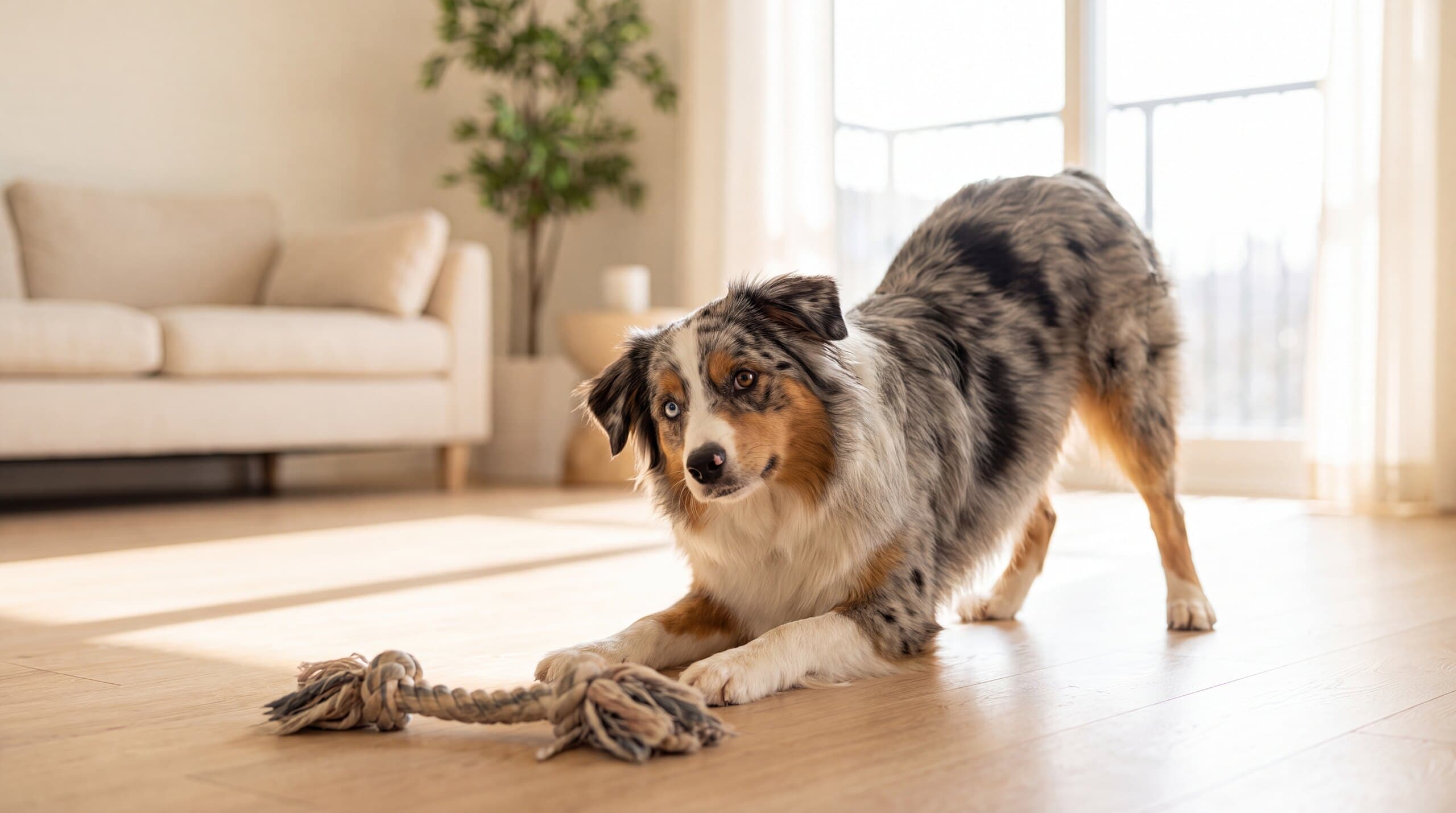 A dog in a play bow beside a rope toy in a bright living room