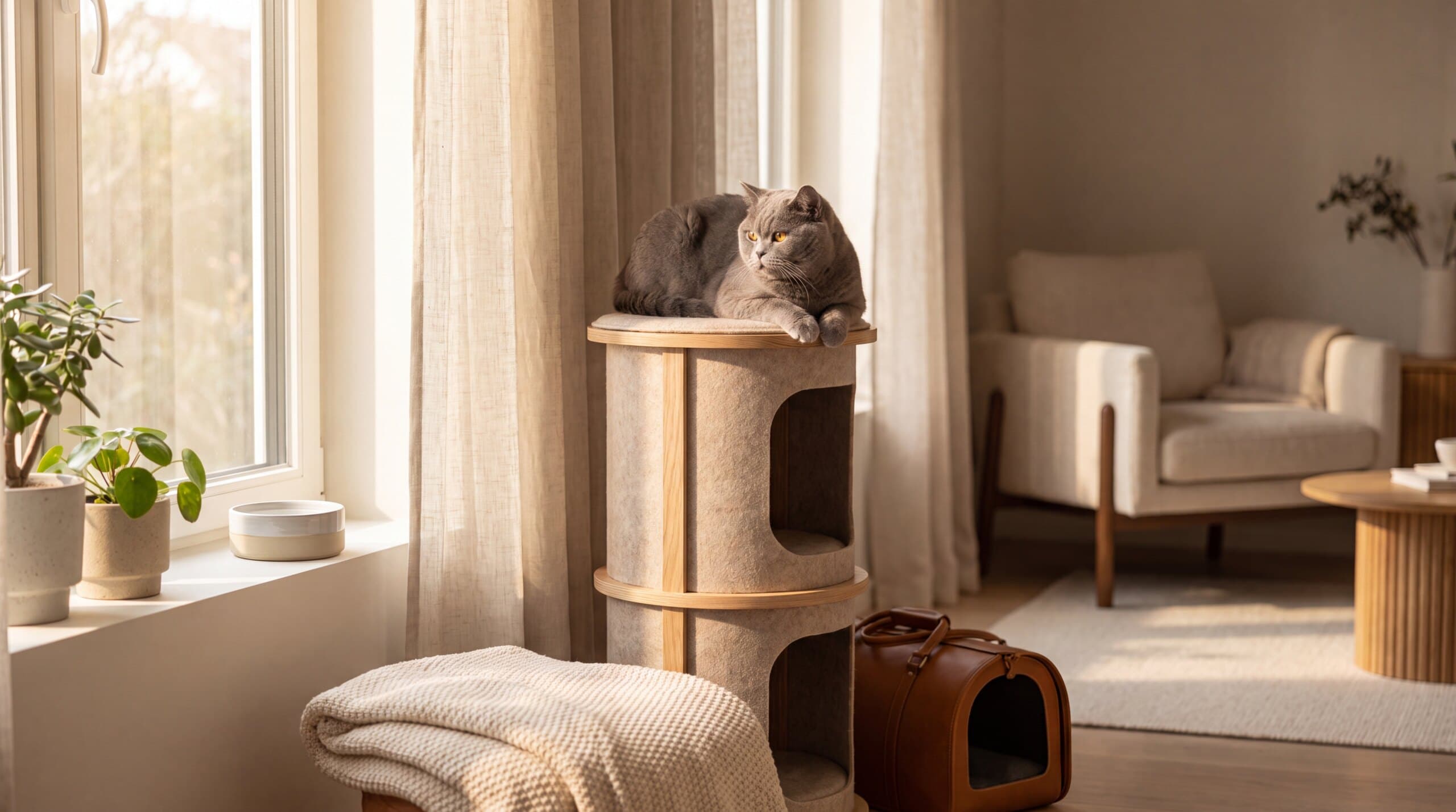 A cat resting on a tower beside feeding and travel gear in a warm living room